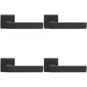 4 PACK - Contemporary Flat Door Handle Set - Matt Black Sleek Lever on Square Rose