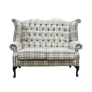 Chesterfield Handmade 2 Seater High Back Sofa Lana Beige Fabric In Queen Anne Style