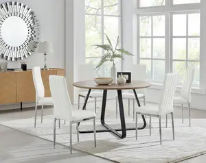 Furniturebox UK Santorini Brown Wood Effect Round Dining Table & 6 White Milan Chrome Leg Chairs