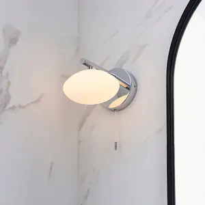 Chrome Plated Bathroom Wall Light & Opal Glass Shade - IP44 Rated Modern Sconce