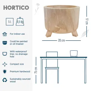 HORTICO™ Indoor Plant Pot on Feet, (Dia) 20cm GROWER Round Wooden Planter for House Plants with Waterproof Liner D20 H17 cm, 2.2L