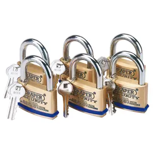 Draper Pack of 6 x 60mm Solid Brass Padlocks with Hardened Steel Shackle 67663