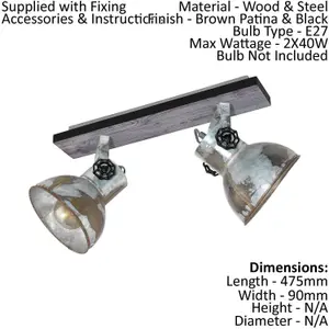 Adjustable 2 Bulb Ceiling Spotlight Wood & Raw Industrial Steel Shade 40W E27