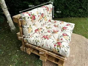 Garden Outdoor Pallet Cushion Set EURO Sofa Floral Cream Tufted Seat Back Pads