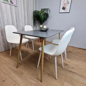 Dining Table Set of 4 Wooden Grey Table with 4 White Gem Patterend Chairs