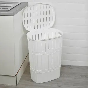 URBNLIVING 65L White Plastic Bamboo Style Laundry Basket Storage Bin With Handles & Easy Open Lid