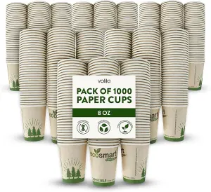 Paper Cups 1,000 Pack 8oz Disposable Coffee Cups for Hot Drinks, Recyclable, Stackable, Ideal for Home, Office, and Events