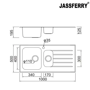 JASSFERRY Glossy Black Glass Top Kitchen Sink Stainless Steel 1.5 Bowl Right Hand Drainer