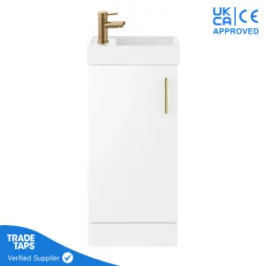 White Gloss Floor Standing Vanity Unit 400mm with Brushed Brass Tap, Waste & Handle