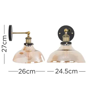 ValueLights Wallace Industrial Black and Gold Wall Light Fitting with Tinted Glass Wide Light Shade