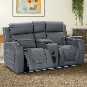 2 Seater Cinema Reclining Sofa with Wireless Charger and Console in Grey Aire Leather - Venice Series One