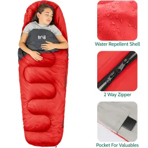 Trail Kids Sleeping Bag Mummy Hooded 3 Season Soft Warm 2 Way Zip Red Boys Girls