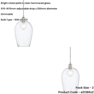 2 PACK Hanging Ceiling Pendant Light - Bright Nickel Plate & Clear Hammered Large Glass - 10W LED E27