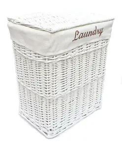 Wicker Rectangle Laundry basket With Cotton Lining + Lid White Large 45x34x54 cm