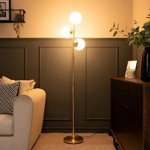 ValueLights Jas 3 Light Gold Metal Stem Floor Lamp with White Frosted Glass Shades - Bulbs Included