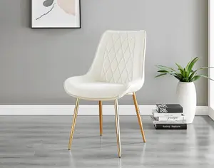 Furniturebox UK Leonardo Grey Glass Marble Effect Gold Leg Table & 4 Cream Pesaro Gold Leg Chairs