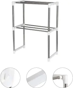 MantraRaj 2 Tier Microwave Oven Rack Stand Shelf Stainless Steel Shelves Rack for Storage Kitchen Organizer Expandable with 6 Hook