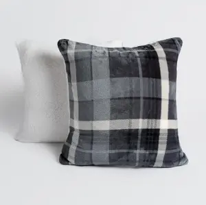 Tartan Check Cushion Covers 2 Pack Case Flannel Fleece Set, 45 x 45cm - Grey