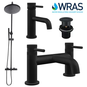 Thermostatic Shower, Basin Tap & Bath Filler Including Basin Waste Solid Brass - Matt Black