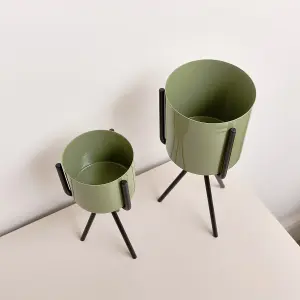 Melody Maison Set of 2 Sage Green Metal Planter Pots with Stand