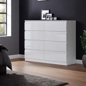 FWStyle White Gloss Chest Of 8 Drawers Scratch Resistant Bedroom Furniture