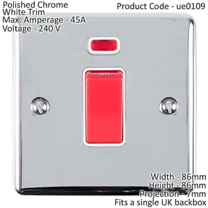 45A DP Oven Switch & Neon Light CHROME & White Trim Appliance Red Rocker