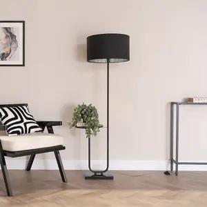 ValueLights Tavel Black Floor Lamp with Table and Black with Chrome Inner Lamp Shade and LED Bulb