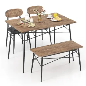 Costway 4 Pcs Dining Table Set Rectangular Kitchen Table w/ Bench & 2 Upholstered Chairs