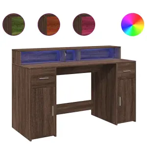 Berkfield Desk with LED Lights Brown Oak 140x55x91 cm Engineered Wood