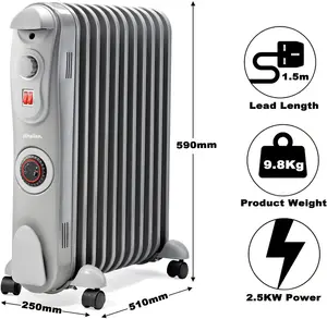 Schallen 2500W 11 Fin Portable Electric Slim Oil Filled Radiator Heater with Adjustable Temperature