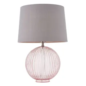 Table Lamp Dusky Pink Ribbed Glass & Charcoal Linen 40W E27 Bedside Light