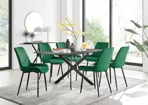 Furniturebox UK Leonardo Grey Glass Marble Effect Black Leg Table & 6 Green Pesaro Black Leg Chairs