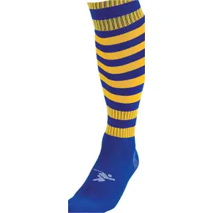 JUNIOR Size 3-6 Hooped Stripe Football Socks - ROYAL BLUE/GOLD Contoured Ankle