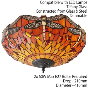 Tiffany Glass Semi Flush Ceiling Light Flame Dragonfly Inverted Shade i00045