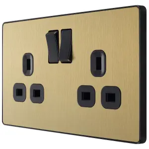 BG Brass effect Double 13A 220-240V Satin Gold Centre Switched socket, Pack of 5 with 1 poles