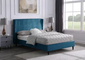 Amelia 5ft King Size Bed in Blue Velvet Fabric with elegant winged headboard