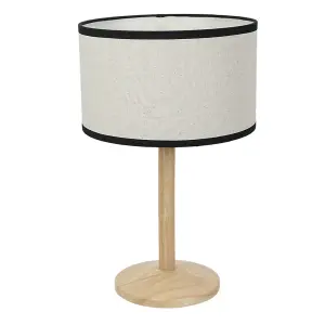 ValueLights Triston Natural Light Wood Stem Table Lamp with Linen Black Trim Drum Lamp Shade and LED Bulb