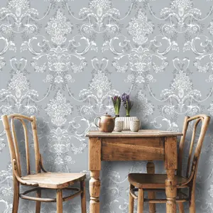 Rasch Amelie Damask Floral Blue White Wallpaper Roll Bedroom Hallway Wall Decor Sample Only