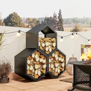 Outsunny Steel Firewood Log Rack Fireplace Log Holder for Indoor Outdoor, Black