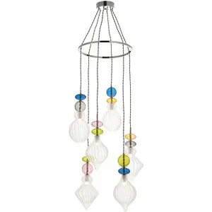 Hanging Ceiling Pendant Light - Chrome Plate Clear & Multi Coloured Glass - 6 X 3W LED G9