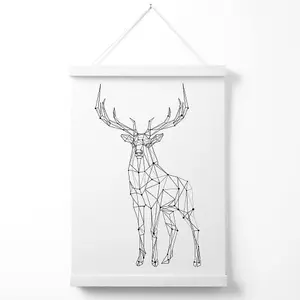 Line Art Stag Geometric Animal Poster with Hanger / 33cm / White