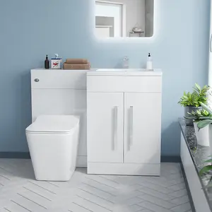 Nes Home RH 1100 mm L-Shape White Basin Vanity Unit WC BTW Rimless Toilet