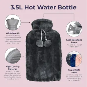 3.5L XX Large Hot Water Bottle - Grey Faux Fur Covered Hot Water Bag for Pain Relief, Hand & Foot Warmer, Soft & Washable