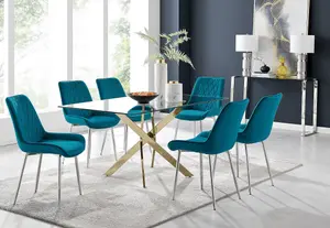 Furniturebox UK Leonardo 6 Gold Dining Table and 6 Blue Pesaro Silver Leg Chairs