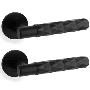 2 PACK - PAIR Diamond Lever on Round Rose Door Handle - Matt Black Concealed Screw