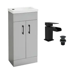 Light Matt Grey 400 Vanity Basin Sink Unit & Black Waterfall Basin Tap