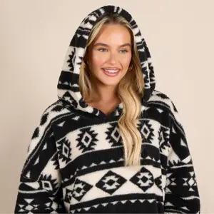 Teddy Hoodie Blanket Aztec Geo Soft Giant Jumper Plush Oversized Wearable Throw