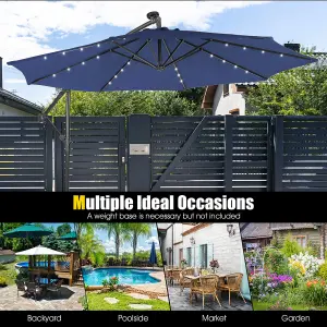 Costway 3 x 3m Cantilever Parasol Backyard Patio Offset Umbrella w/ 32 Solar-Powered LED Lights