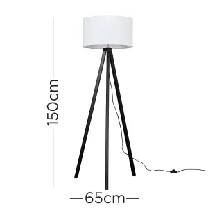 ValueLights Barbro Modern Black Wood Tripod Design Floor Lamp with White Drum Shade - Includes 6w LED GLS Bulb 3000K Warm White