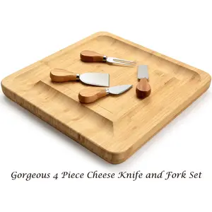 Bamboo Cheese Board And Knife Set. Best For Serving Cheese, Crackers, Salami And Food. Size: 33Cm X 33Cm X 3.5Cm. Christmas, Weddings And House Warming Gift